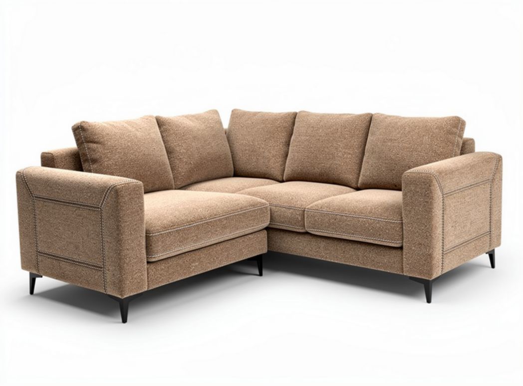 Divano angolare in tessuto beige con dimensioni 220 x 150 x 80cm