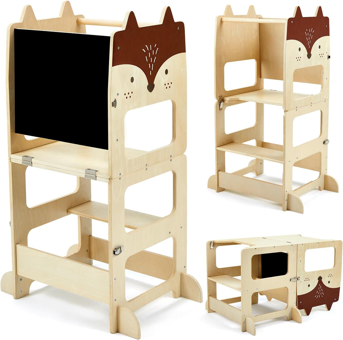 labebe torre montessoriana bambini(Altezza 98 cm), grandi dimensioni torre montessoriana pieghevole in legno, 3 in 1 set di scrivania e sedia per bambini trasformabile con lavagna(Volpe)