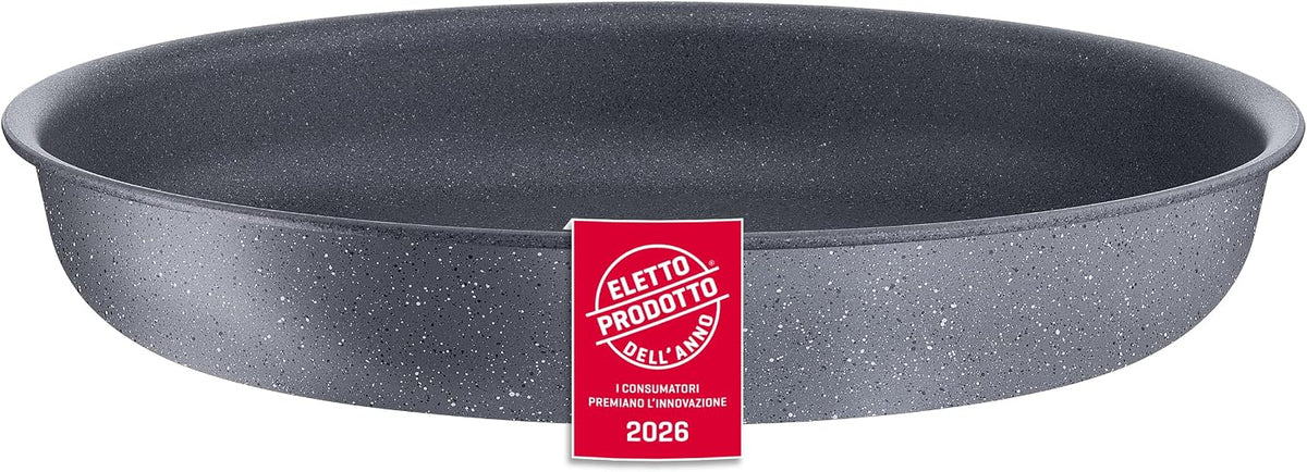 Lagostina Ingenio Mineralis Set Padelle Antiaderenti con Corpo in Alluminio 100% Riciclato, Adatto all’Induzione, 10 Pezzi, Casseruola 16cm, Padella 28cm, Tegame 24cm, Wok 26cm, 5 Coperchi e Manico(Padella/Ø 22 cm/Grigio)