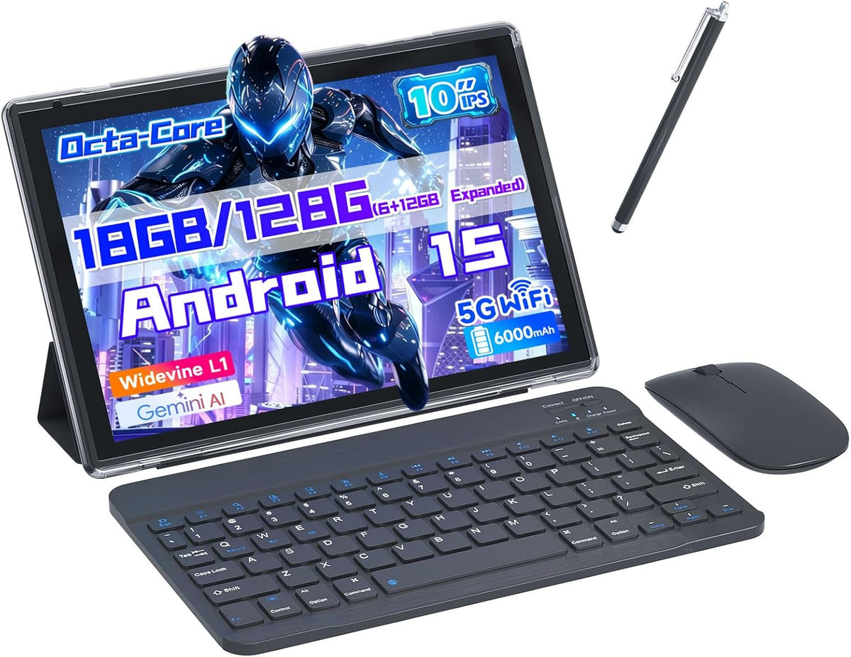 Aheadlink Android Tablet 10 Inch 2 in 1 Tablet with Keyboard, 12GB RAM 128GB ROM 1TB Expandable, Quad-Core CPU 2.0Ghz, 5G WiFi 6, BT5.0, HD 1280x800 Touchscreen, 6000mAh, Widevine L1, GMS Tablet