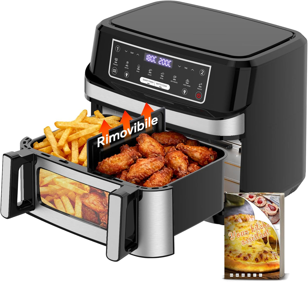 Friggitrice ad Aria 12L | Friggitrice Aria XXL Modalità Flessibile 1 o 2 Zone, 2600W Doppia Resistenza Controllo Indipendente Finestra Luce Interna, Air Fryer Grande 8-in-1 Touch Control Ricettario(12L Riscaldamento Superiore(Argento))