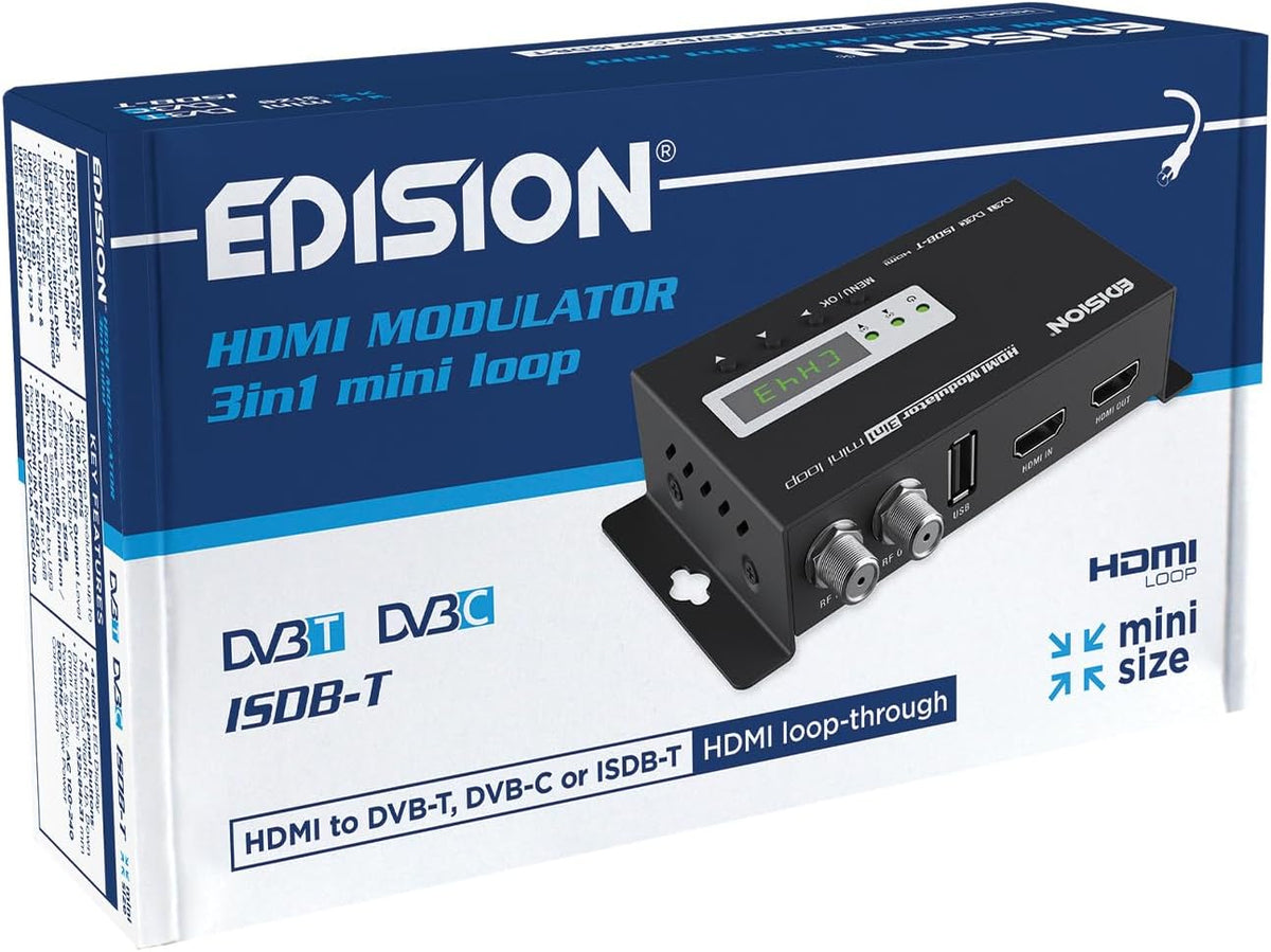 EDISION HDMI Modulator 3in1 Mini Loop, HDMI Modulator to Terrestrial DVB-T, ISDB-T or DVB-C Cable, Full HD Distribution over Coaxial Cable, H D M I -OUT, RF-in, Mini Format, LED Display, Plug Play