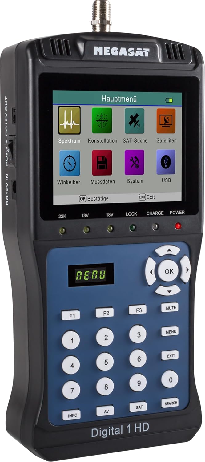 Megasat Digital 1 HD - Satellite Meter - Live TV Image | For DVB-S DVB-S2, 3.5 inch colour display, Unicable, battery