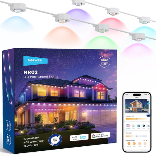 NEEWER 15M Permanent Outdoor Lights for Home Decoration, Fairy Lights for Outdoors Gutters Christmas Smart AI RGBCW, 30 LED Light App Control 50+ Scene IP65 Waterproof, Compatible with Alexa, NR02(144ft/45m)