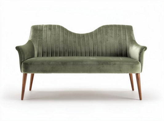 Divano in tessuto beige imbottito con gambe in legno 150 x 70 x 80cm