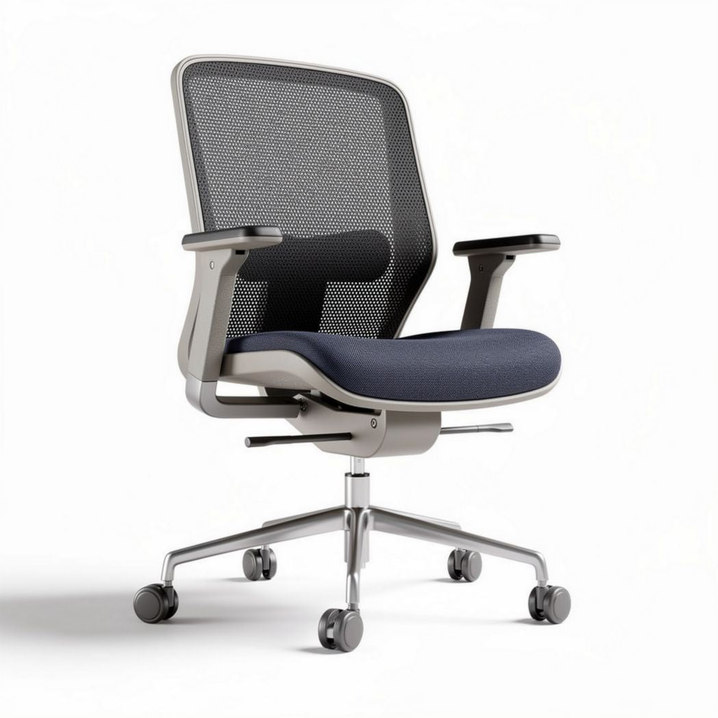Sedia ergonomica in rete nera con base in alluminio e ruote girevoli