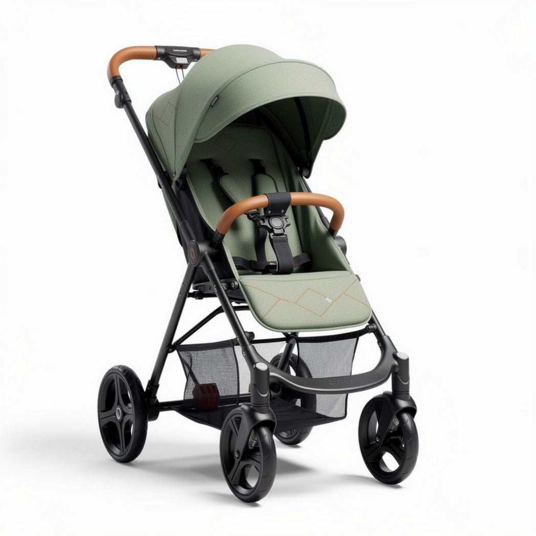 Passeggino leggero in colore verde oliva con manici in pelle sintetica dimensioni 80 x 55 x 100cm
