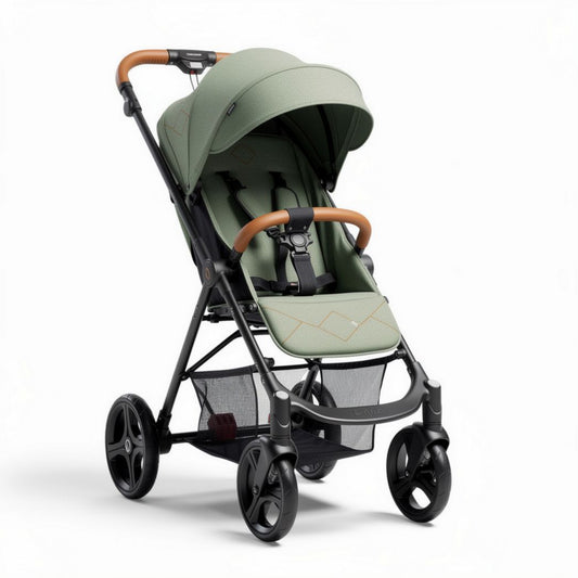 Passeggino leggero in colore verde oliva con manici in pelle sintetica dimensioni 80 x 55 x 100cm