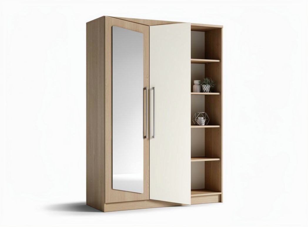 Armadio in legno con specchio 120 x 60 x 200 cm e ripiani interni bianchi