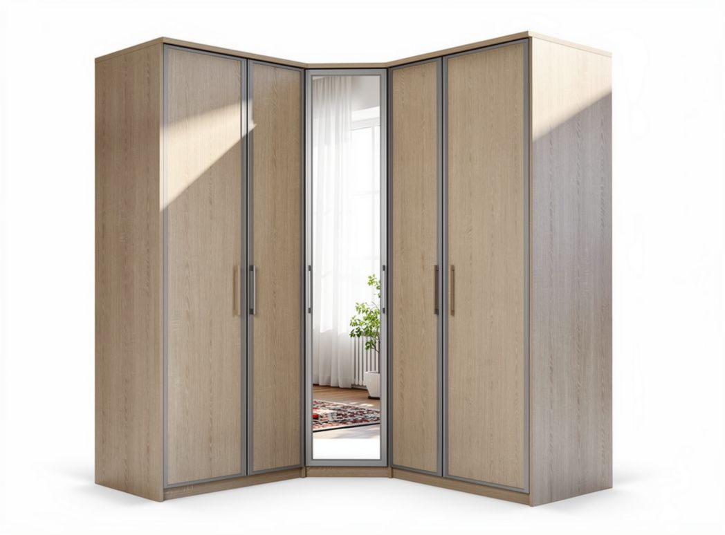 Armadio angolare in legno con specchio dimensioni 200 x 150 x 200cm colore naturale