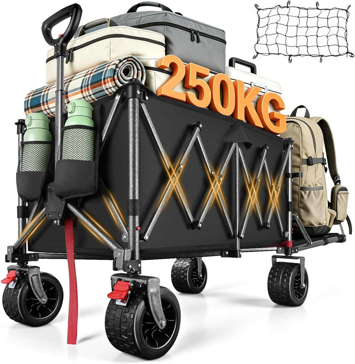 YEAUPE PRO XXXL Beach Trolley, Trolley with Large Wheels 360° Swivel, All Terrain with Elastic Mesh Included, Ideal for Outdoor and Beach Transport, 200-300L 250 kg, Jet Black(Black Charcoal/200-300L)
