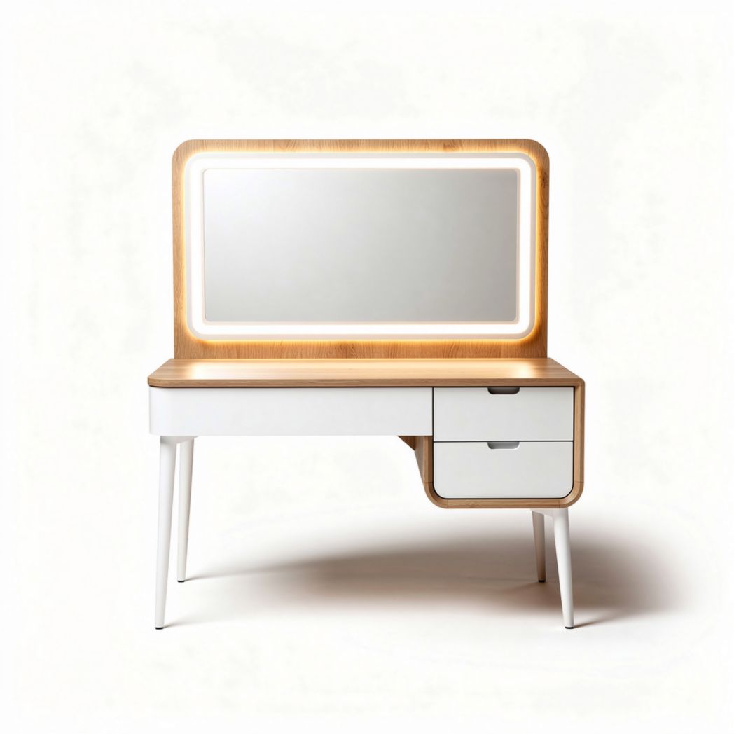 Toeletta moderna con specchio illuminato e cassetto in legno 150 x 100 x 80cm