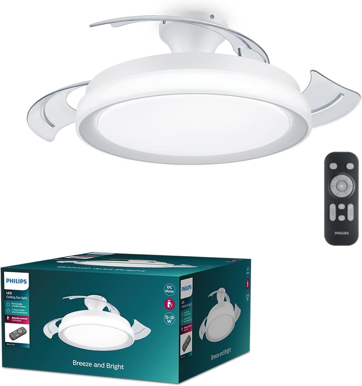 Philips Bliss Ventilatore a Soffitto con Pale Retrattili e Lampadina LED, 3 Pale, Pala Aperta 106 cm, 4.500 lm, Luce Bianca Tunabel 3.000-6.500 K, Regol. Fino a 5%, Telecom. Incl., Bianco Brillante(Non-Dimmable/51-106cm/White)