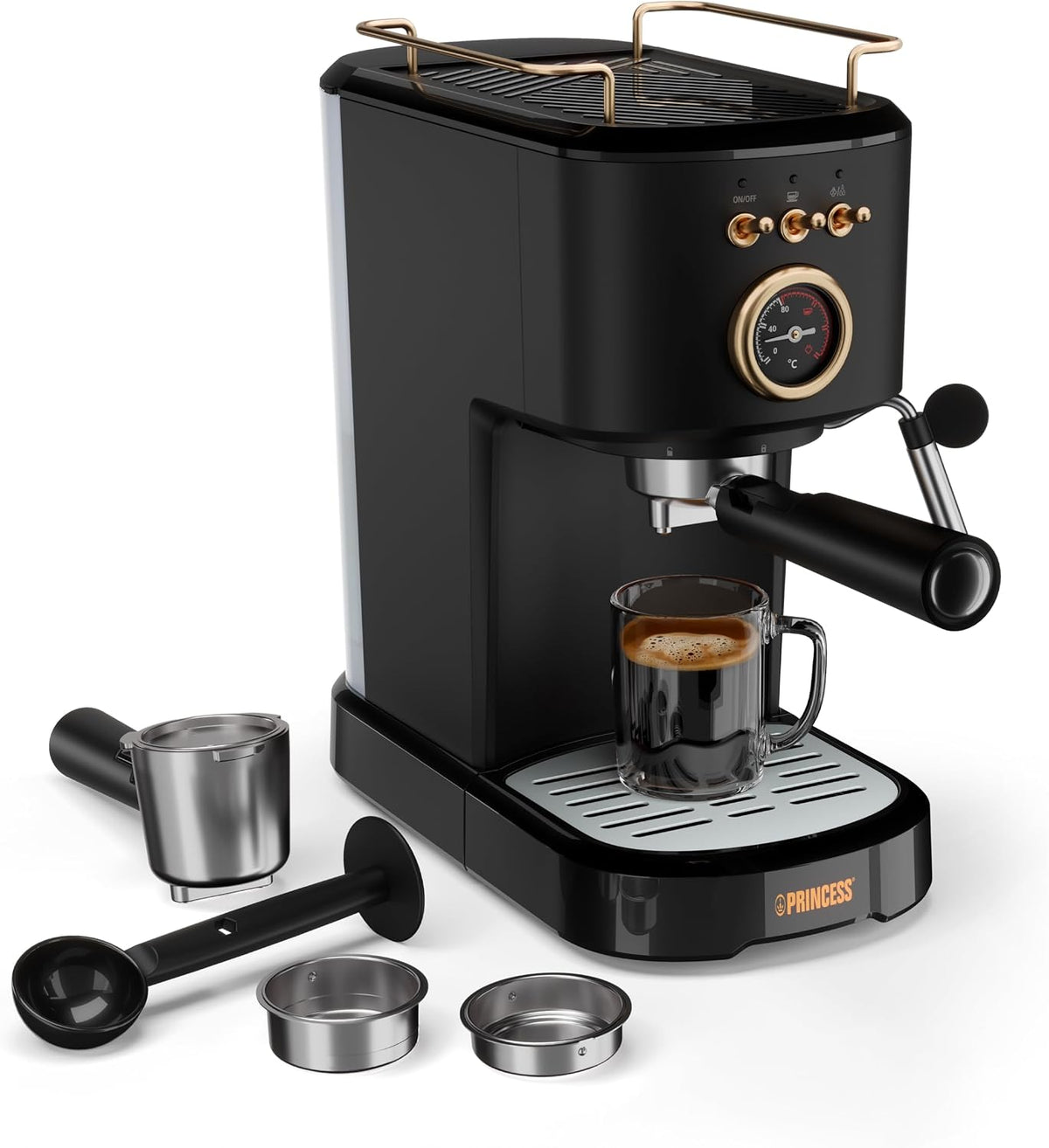 Princess Macchina per Espresso, 1100W, 20 Bar, Scalda Tazze, Beccuccio a Vapore, Serbatoio 1,2L, Per Caffè Macinato e Capsule, Facile da Pulire, Spegnimento Automatico, 01.249417.01.001