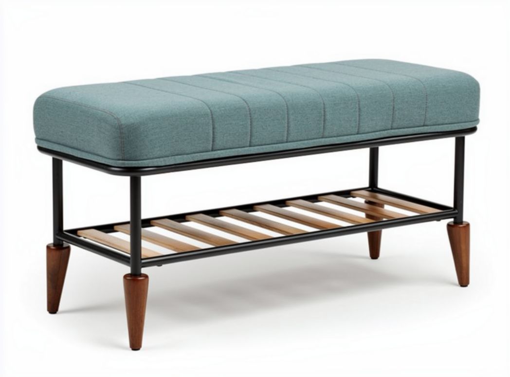 panchina in tessuto verde con struttura in metallo e ripiano in legno 120 x 40 x 45cm