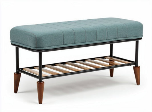 panchina in tessuto verde con struttura in metallo e ripiano in legno 120 x 40 x 45cm