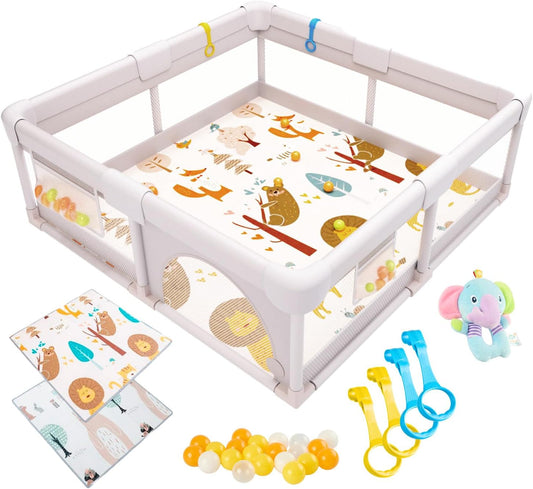 Akeraq Box Bambini 150x150cm, Recinto Gioco Imbottito con Tappetino Reversibile, Peluche Sonaglio Sensoriale, Palline Colorate e Anelli di Sostegno(Classic Edition/120x120cm Standard Edition)
