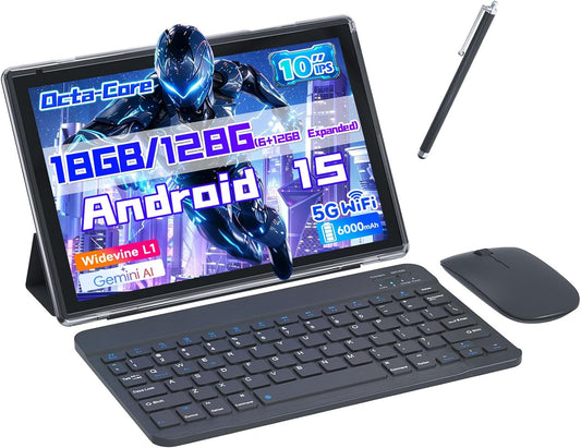 Aheadlink Android Tablet 10 Inch 2 in 1 Tablet with Keyboard, 12GB RAM 128GB ROM 1TB Expandable, Quad-Core CPU 2.0Ghz, 5G WiFi 6, BT5.0, HD 1280x800 Touchscreen, 6000mAh, Widevine L1, GMS Tablet