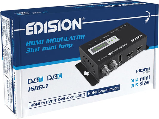 EDISION HDMI Modulator 3in1 Mini Loop, HDMI Modulator to Terrestrial DVB-T, ISDB-T or DVB-C Cable, Full HD Distribution over Coaxial Cable, H D M I -OUT, RF-in, Mini Format, LED Display, Plug  Play